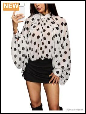 Women's Polka Dot Chiffon Blouse Lantern Sleeve Tie Neck Vintage Flowy Top